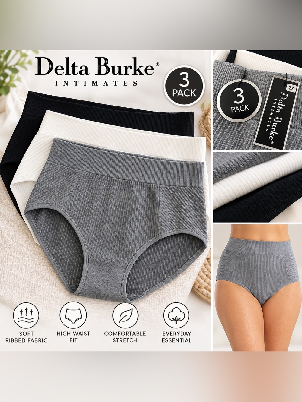 Delta Burke 3-Pack High-Waist Ribbed Briefs — Gray, White & Black